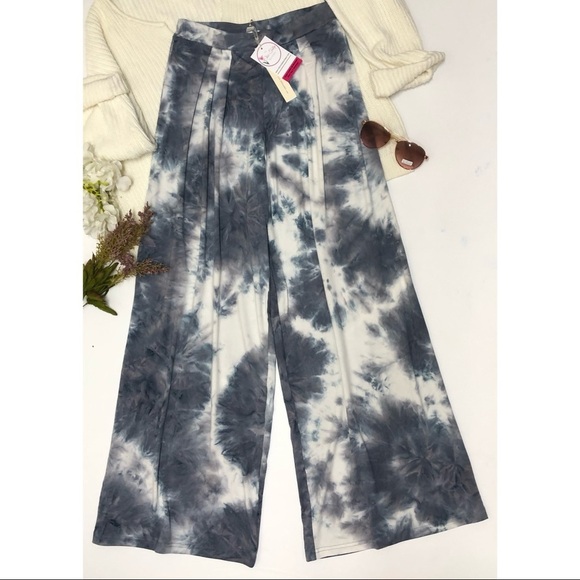 Wide Leg Pants Womens Size S Casual Pants Stretch tie dye Gray White NWT beach - Picture 7 of 12